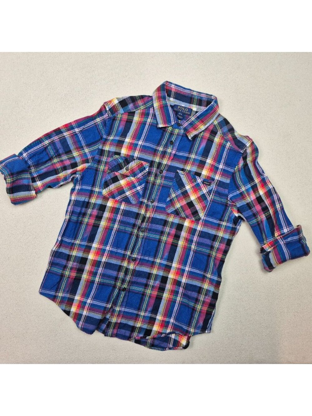 Polo Ralph Lauren Boy's Plaid Blue/Red/Black Button Up 3/4 Sleeve Shirt Sz YL